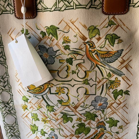 Authentic TORY BURCH Leather/Cotton printed magnetic snap long Tote - Picture 4 of 12
